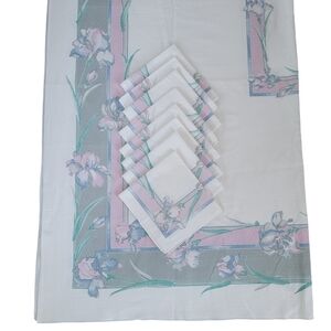 Vintage Tablecloth & 8 Napkins Dotted Swiss Floral Irises Print Rayon Blend